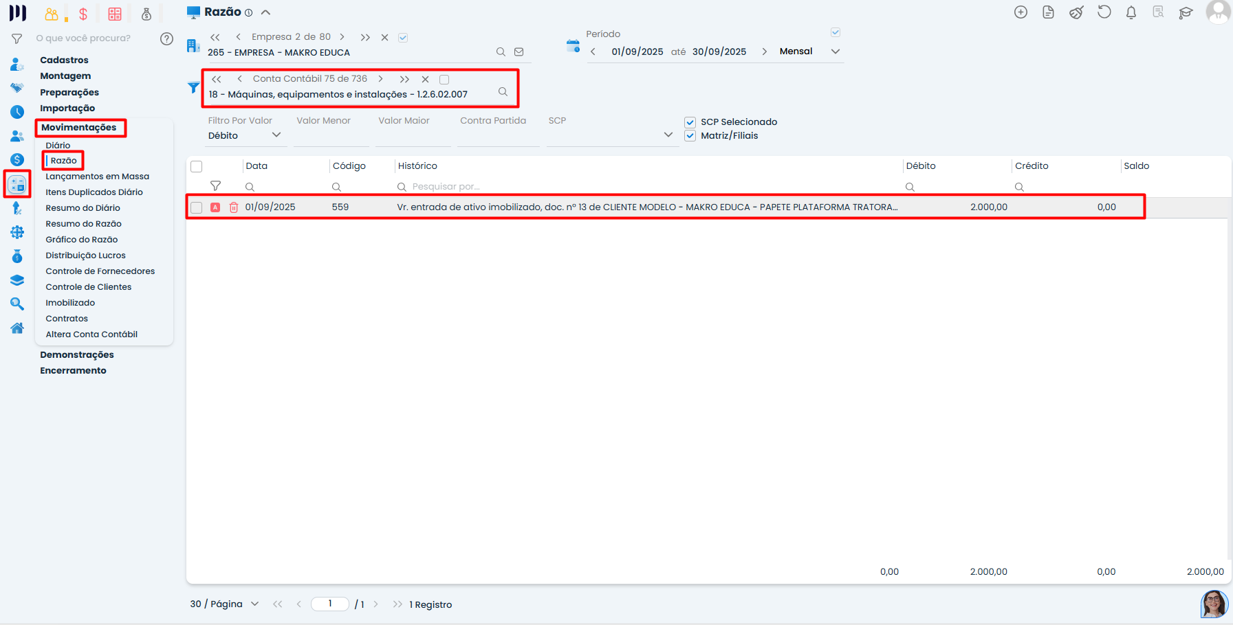 Tela Razão do Sistema Contábil Makro mostra conta, histórico e valor contabilizado para conferir o registro do Lançamento de imobilizado.