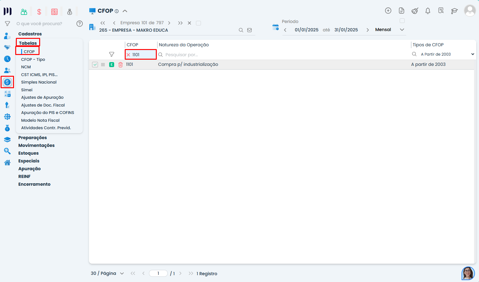 Tela do Sistema Contábil Makro destaca o acesso ao cadastro de CFOP para configurar a contabilização das Notas Fiscais de Entrada/Saída.