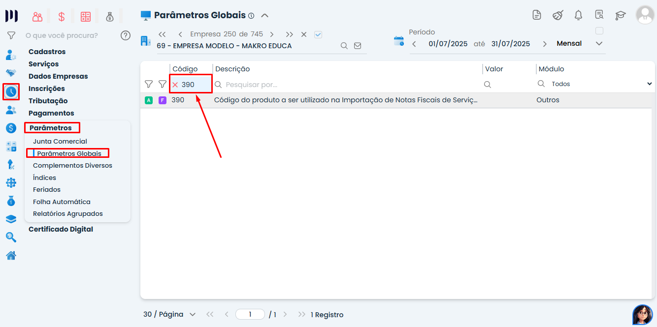 Tela do Sistema Contábil Makro destaca o Parâmetro 390 para configurar a Importação de Notas de Serviços Prestados de forma automática.