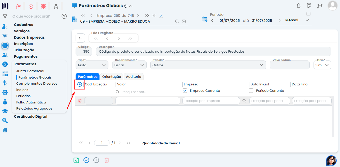 Tela do Sistema Contábil Makro mostra a inclusão de exceção no Parâmetro 390 para configurar a Importação de Notas de Serviços Prestados.