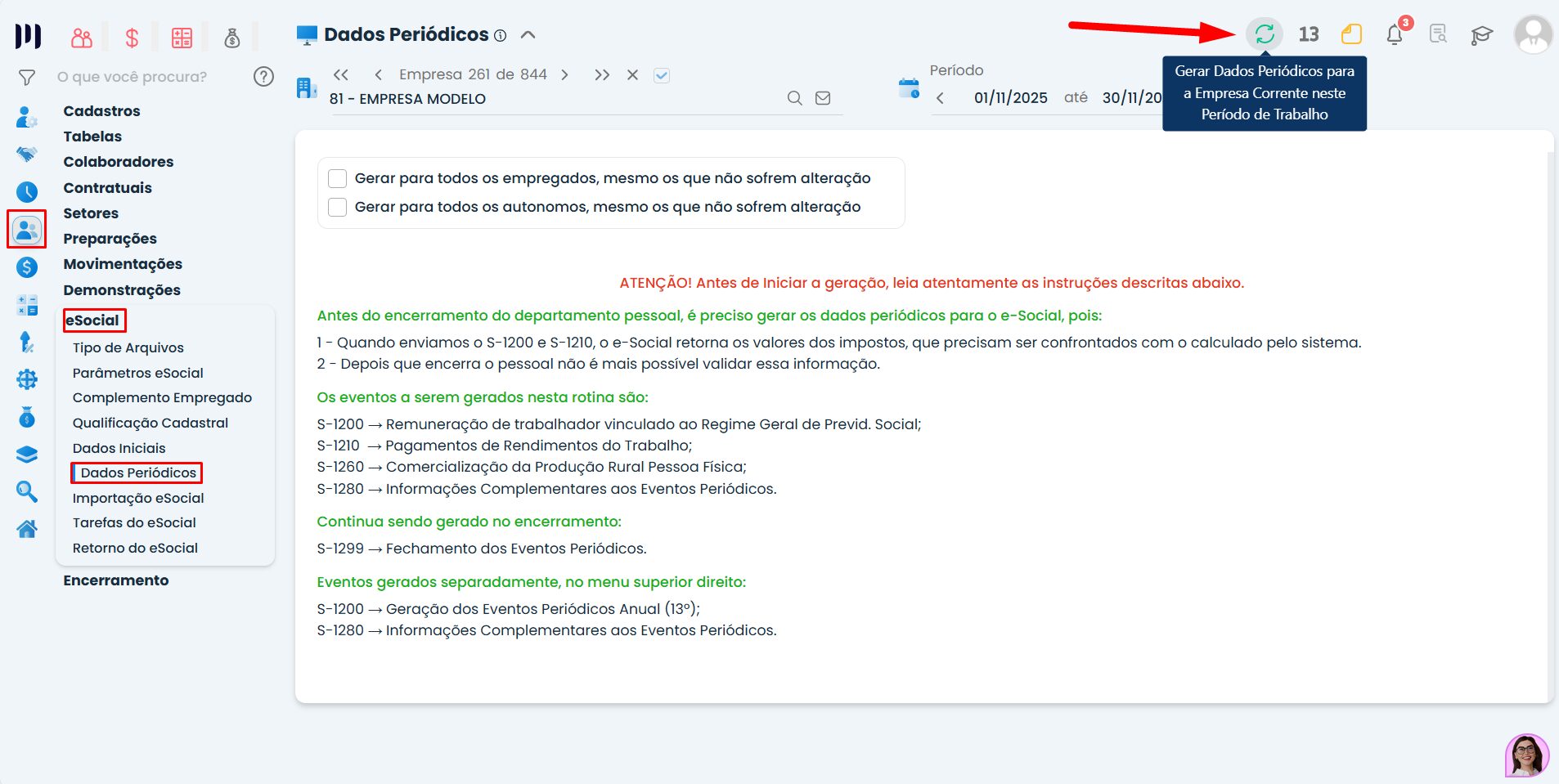 Tela de geração dos dados periódicos no Sistema Contábil Makro para Envio periódicos da folha de pagamento, destacando o botão de geração dos eventos.