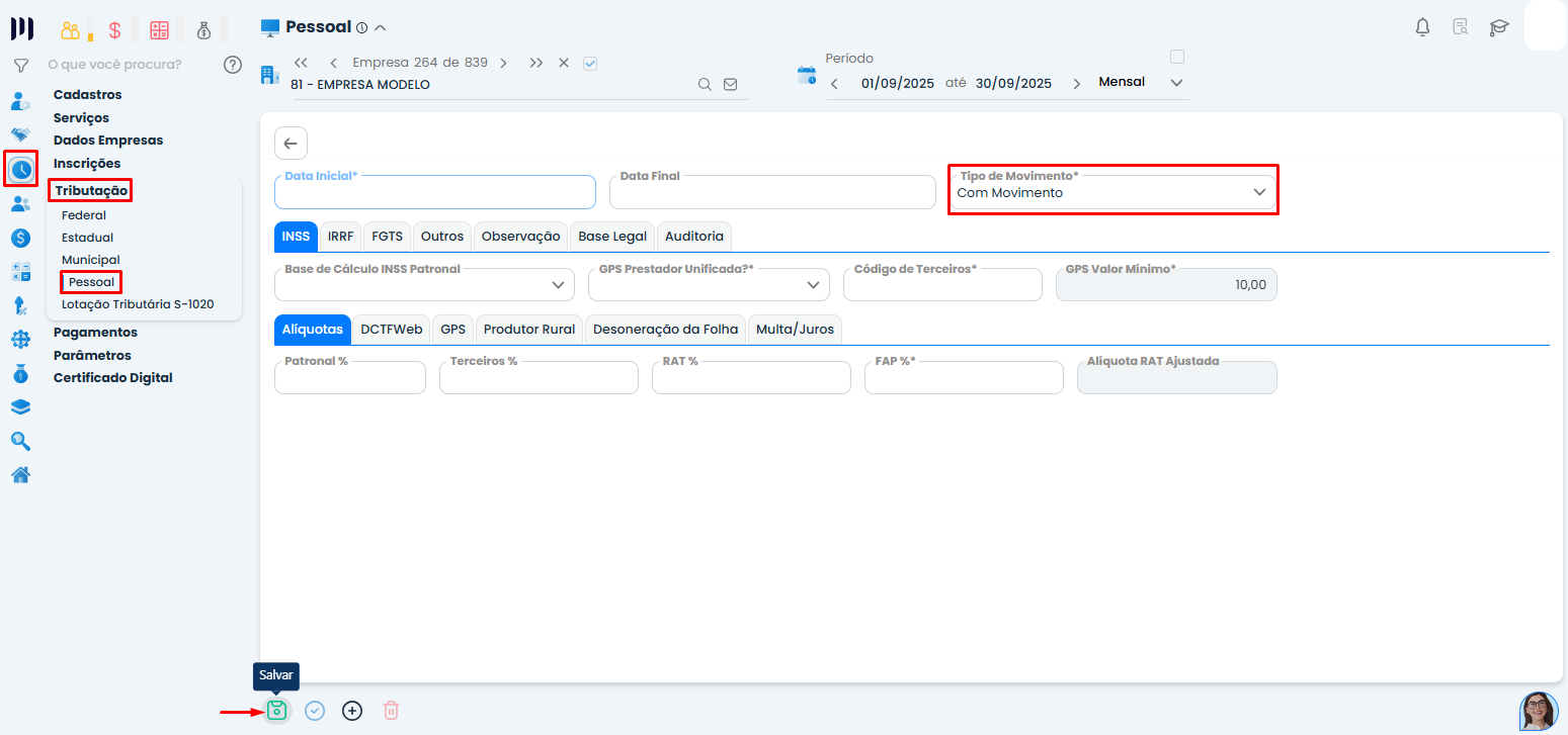 Tela de Tributação Pessoal do Sistema Contábil Makro exibe Tipo de Movimento para configurar o eSocial sem movimento de empresa.