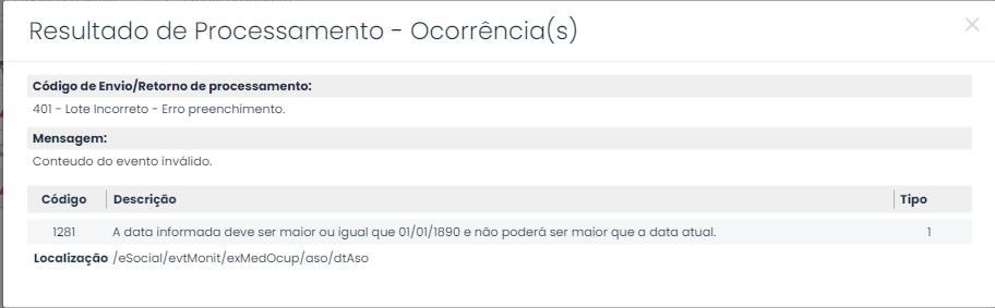 Tela do Sistema Contábil Makro exibe o erro eSocial 1281, informando que a data inserida não poderá ser maior que a data atual.