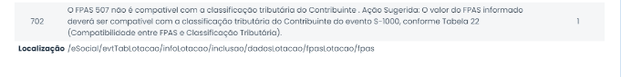 Erro eSocial 702 informa incompatibilidade do FPAS 507 com a classificação tributária, orientando a correção no Sistema Contábil Makro.