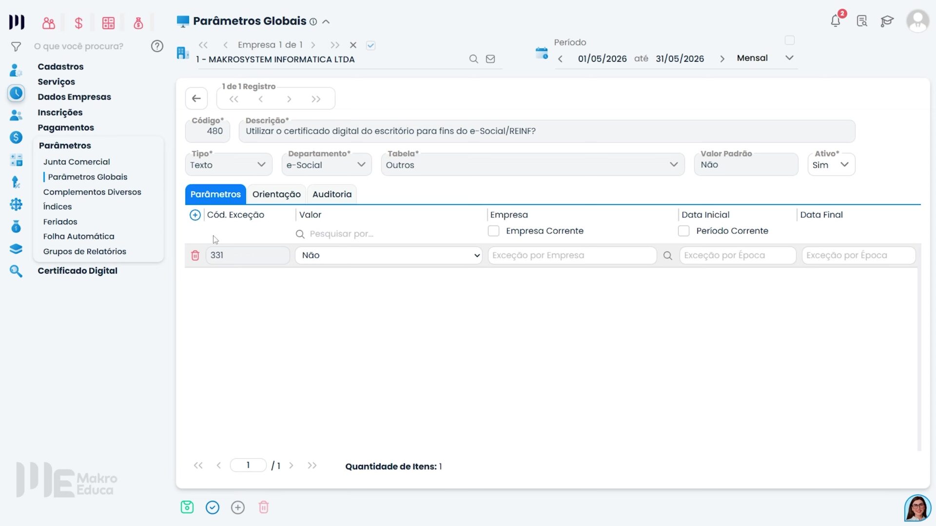Configuração do Parâmetro 480 no Sistema Contábil Makro exibindo a tela de Parâmetros Globais com opção de habilitar envios por procuração.