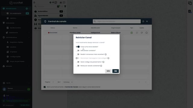 Janela da Central de Canais do Sistema Contábil Makro mostrando a opção Reiniciar Canal para reconectar o MakroWhats com WhatsApp.
