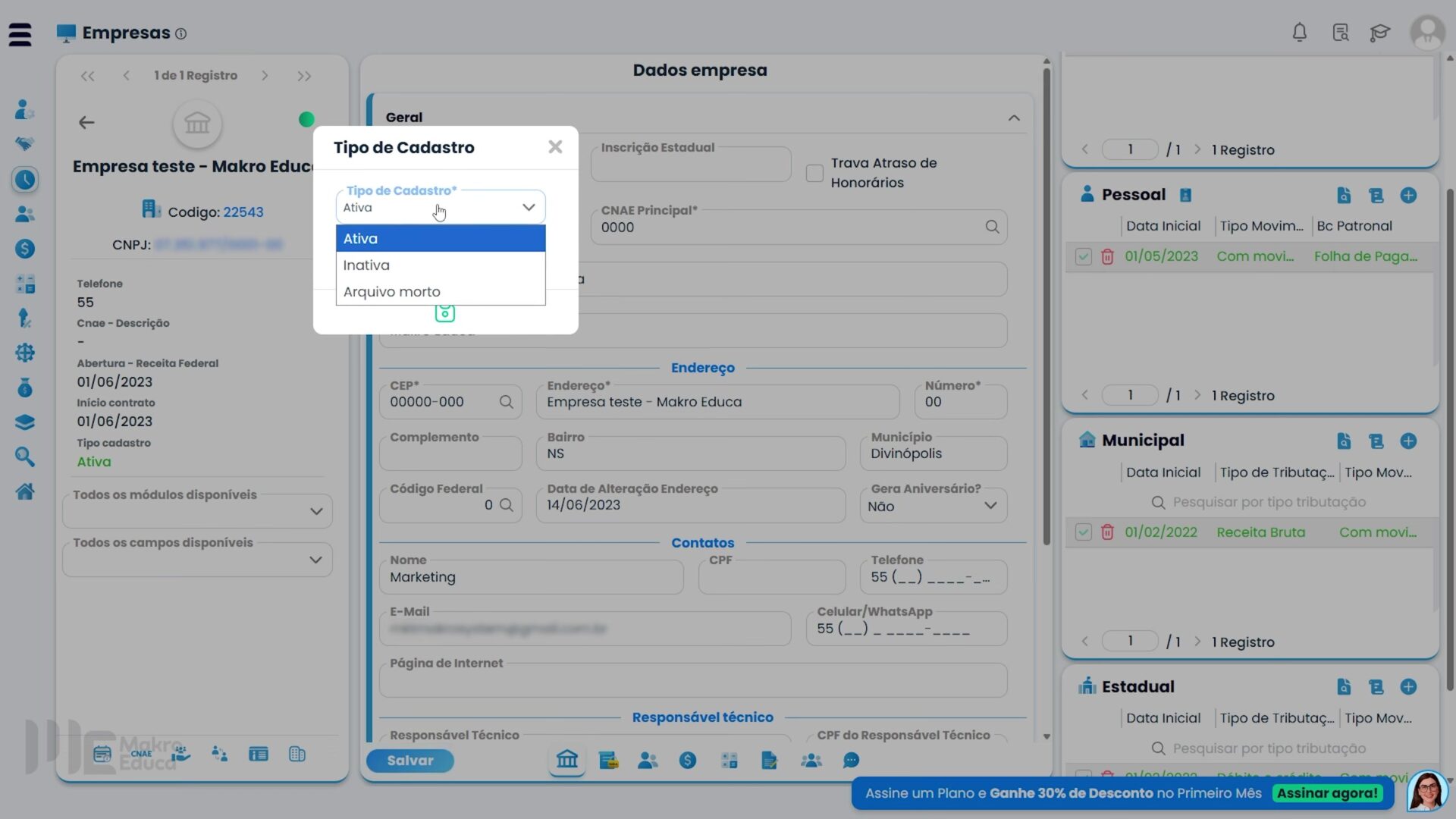 Tela do Sistema Contábil Makro exibindo a seleção do tipo de cadastro Status da Empresa para Arquivo Morto no menu de opções da empresa.