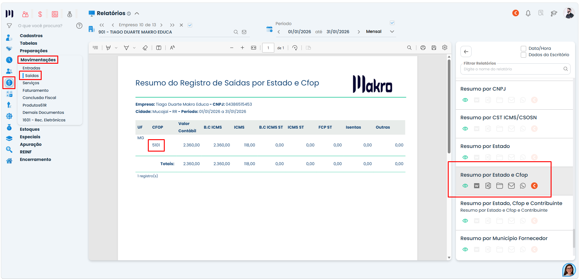 Relatório do Sistema Contábil Makro mostra Resumo por Estado e CFOP para identificar operações no cálculo do Simples Nacional para Comercio.