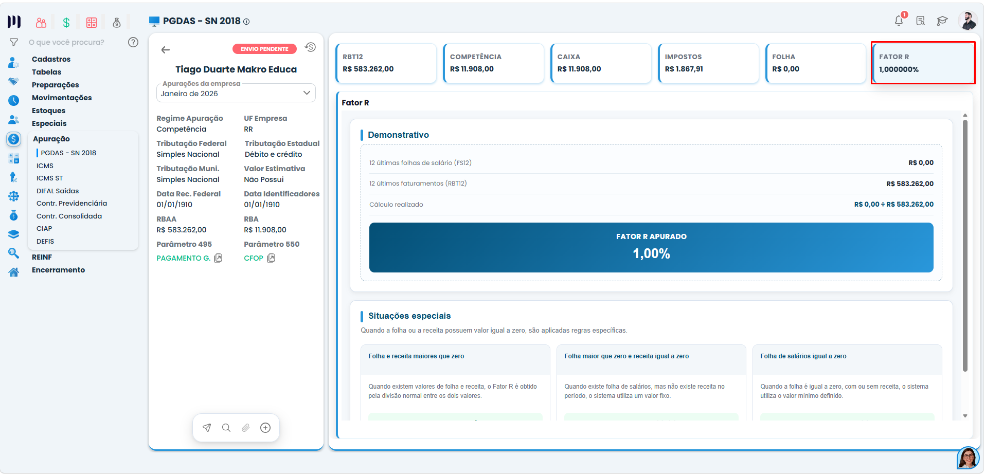Consulta da Apuração do Simples Nacional no Sistema Contábil Makro apresenta demonstrativo do Fator R, faturamento e percentual apurado.