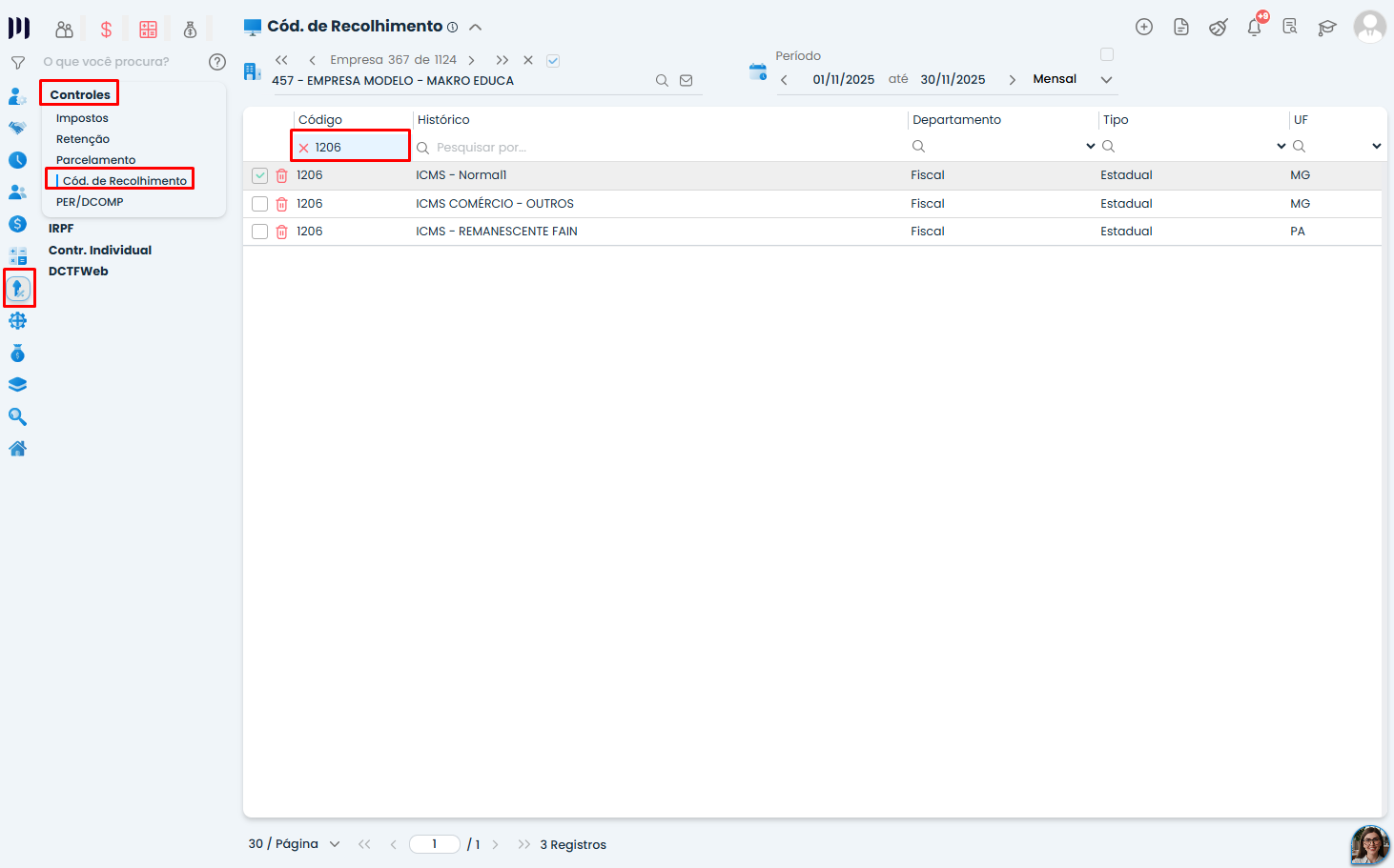 Sistema Contábil Makro exibe Código de Recolhimento, com filtro do ICMS destacado para conferir a configuração da Provisão de ICMS.