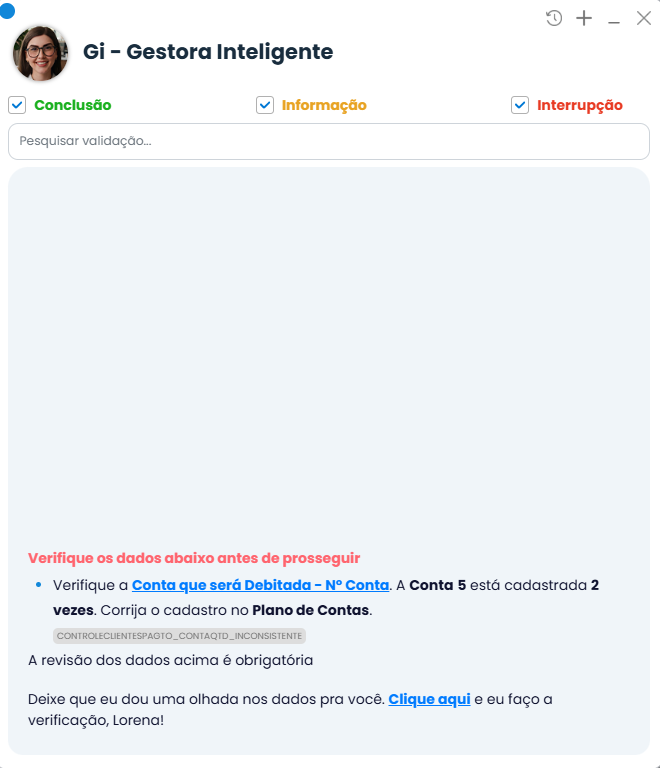 Validação da Gi alerta sobre conta duplicada durante a Baixa de duplicatas no Sistema Contábil Makro e orienta corrigir o Plano de Contas.