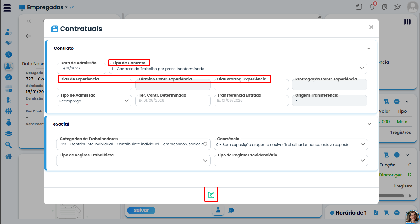 Tela Contratuais do Sistema Contábil Makro destaca Tipo de Contrato e datas de experiência para corrigir Campo Duração em Branco no eSocial.