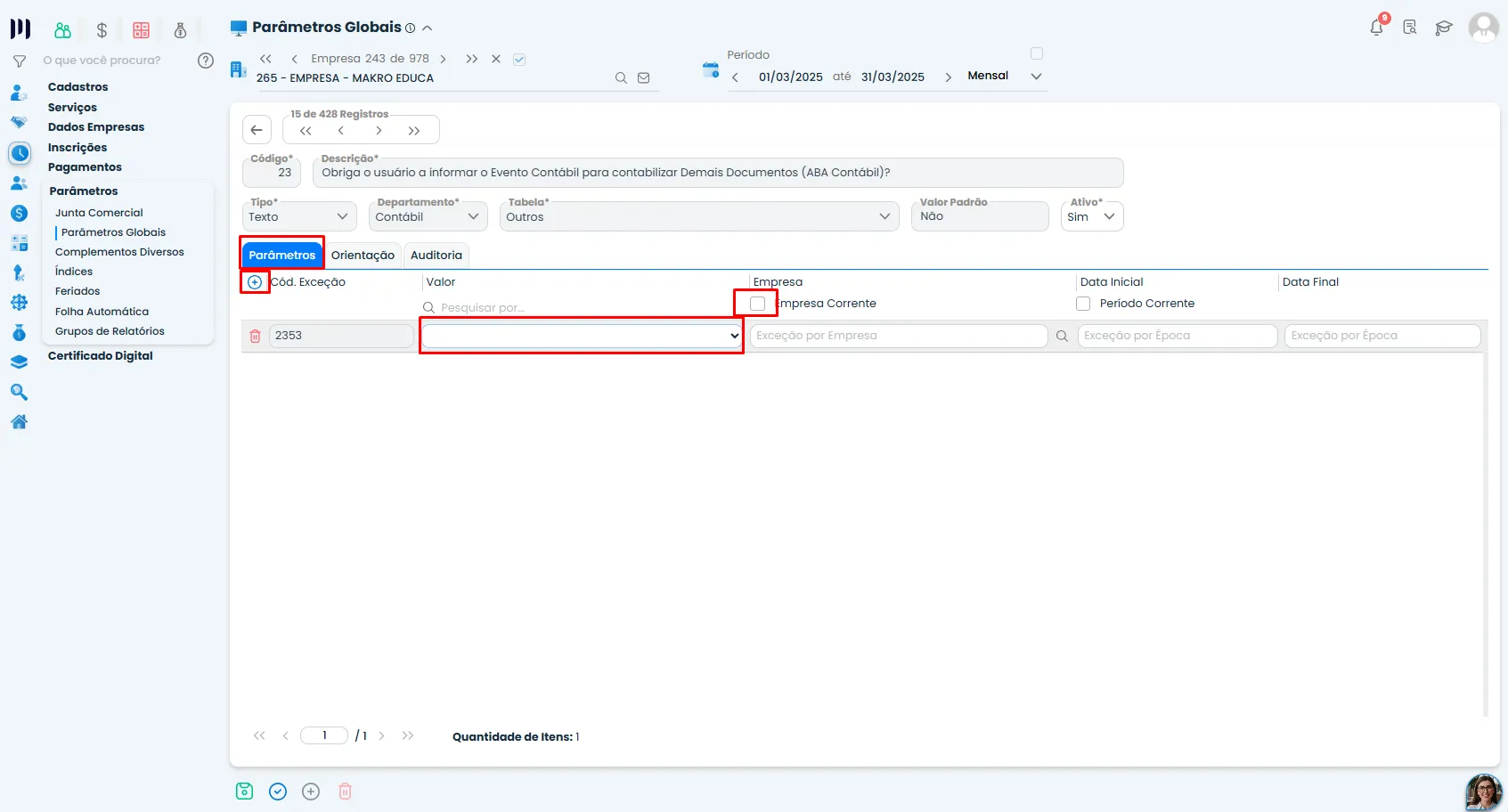 Tela do Sistema Contábil Makro exibindo a Configuração do Parâmetro 23, com campos de valor, empresa e período destacados para edição.