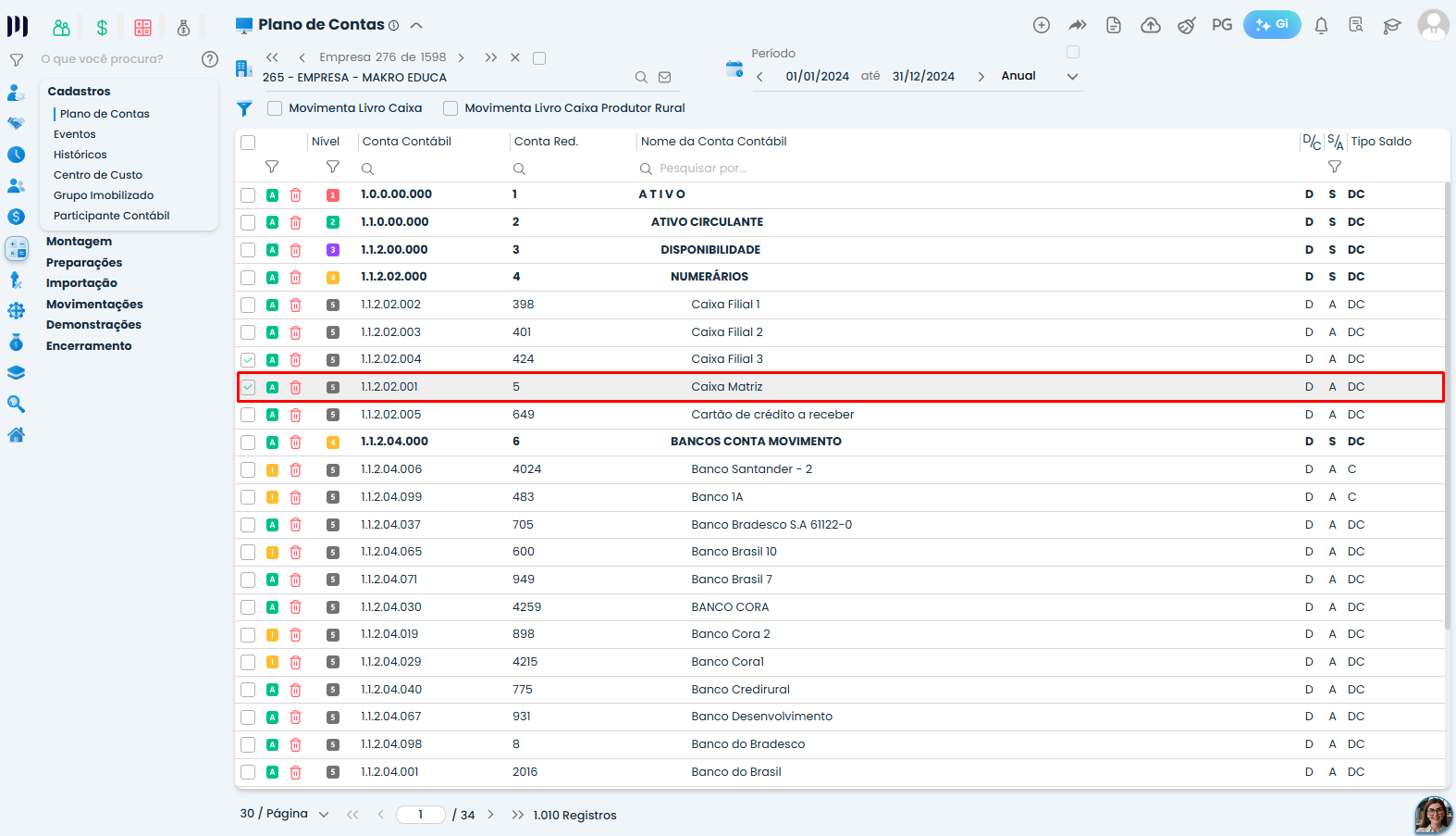 Sistema Contábil Makro exibe a conta Caixa Matriz selecionada no Plano de Contas para realizar a Vinculação do Link Referencial.