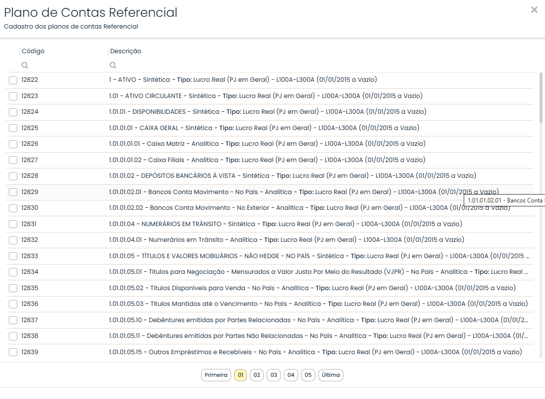 Tela do Sistema Contábil Makro lista contas do Plano de Contas Referencial disponíveis para realizar a Vinculação do Link Referencial.