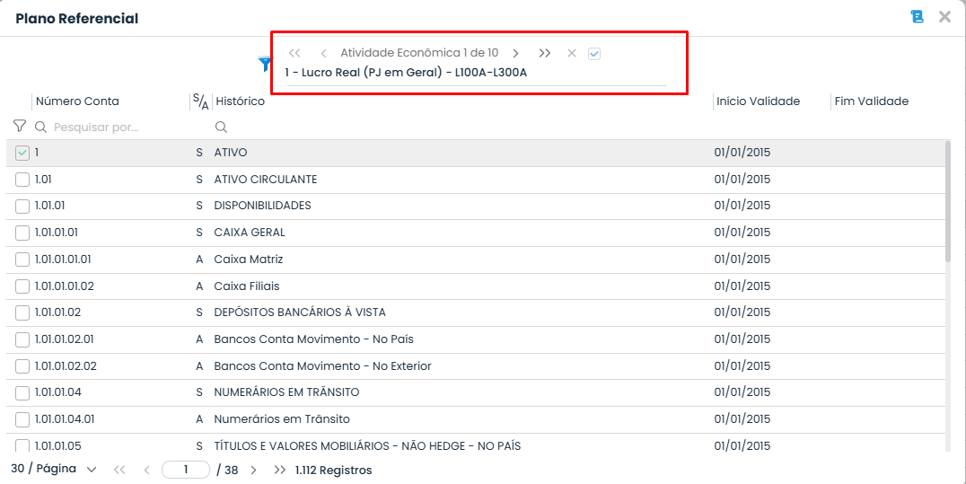 Sistema Contábil Makro apresenta contas do Plano Referencial filtradas por atividade econômica para a Vinculação do Link Referencial.