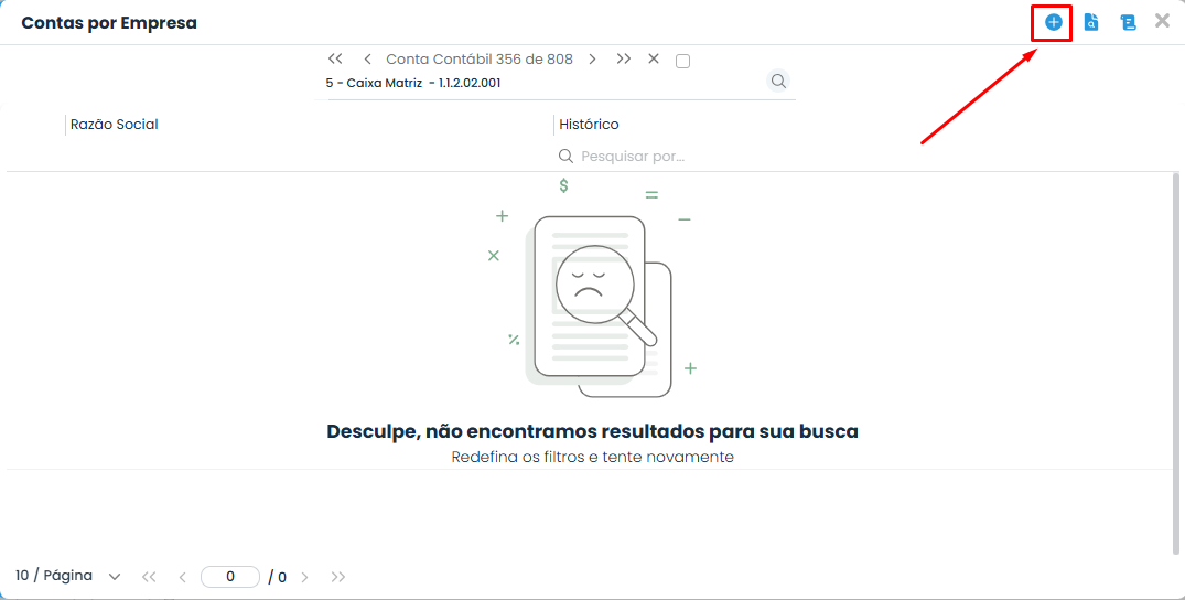 Tela Contas por Empresa do Sistema Contábil Makro destaca o botão Incluir Novo para vincular uma Conta contábil para uma Empresa específica.