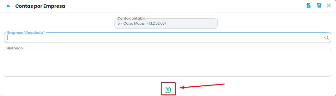 Tela do Sistema Contábil Makro destaca o botão de salvar após selecionar a empresa vinculada a uma Conta contábil para uma Empresa específica.
