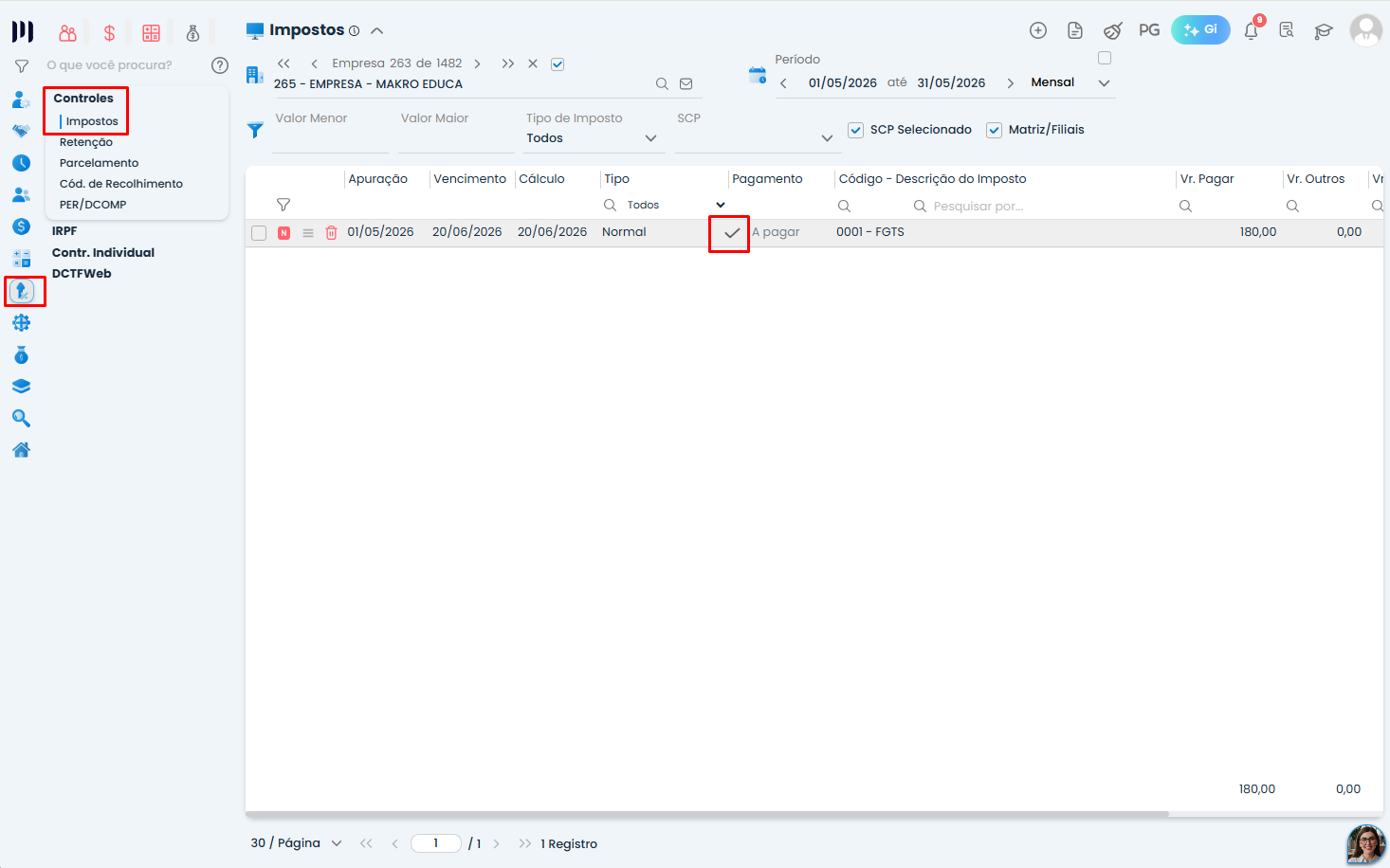 Tela de Impostos no Sistema Contábil Makro destaca o menu de controles, a opção Impostos e o ícone para registrar o pagamento da guia.