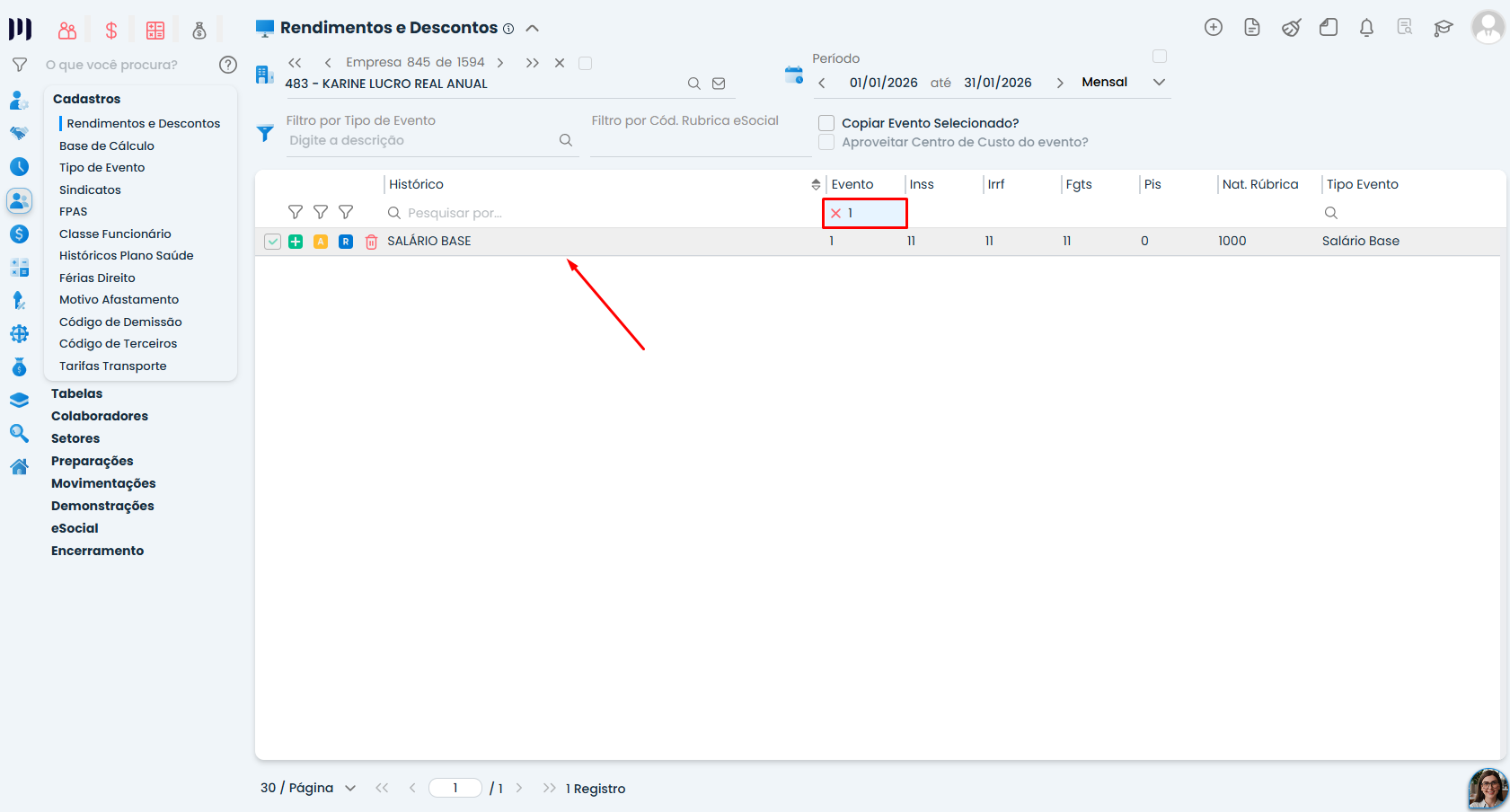 Evento Salário Base selecionado no Sistema Contábil Makro para acessar e configurar o Centro de Custo para evento da Folha.