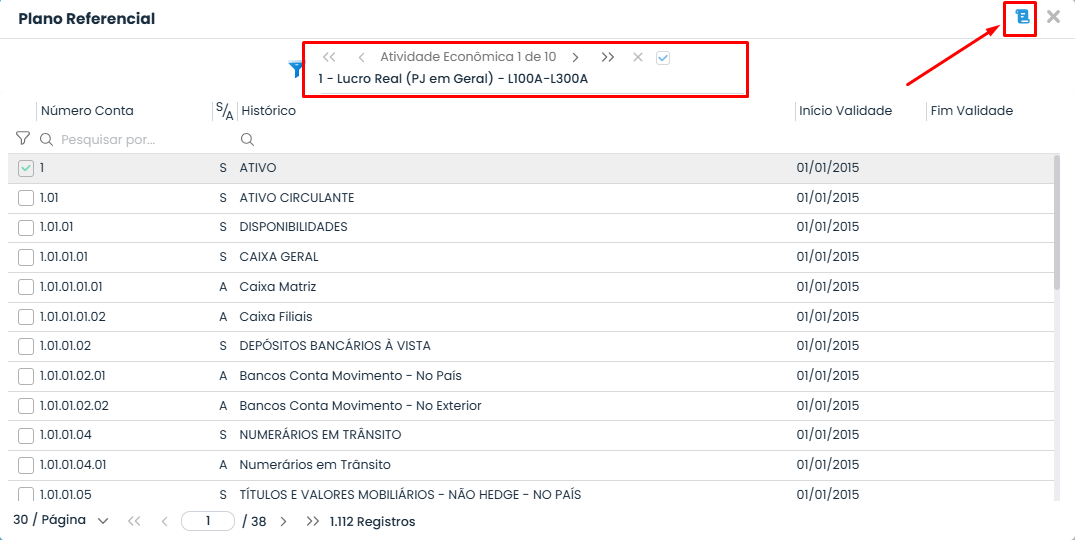 Tela do Plano Referencial no Sistema Contábil Makro, com plano selecionado e acesso aos relatórios para verificar os Links Referenciais.
