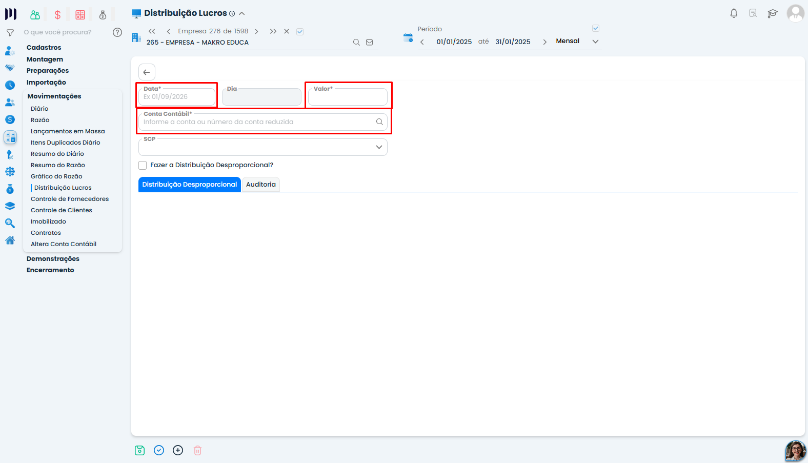 Tela do Sistema Contábil Makro exibe campos de data, valor e conta contábil para cadastrar a Distribuição de Lucros no Sistema.