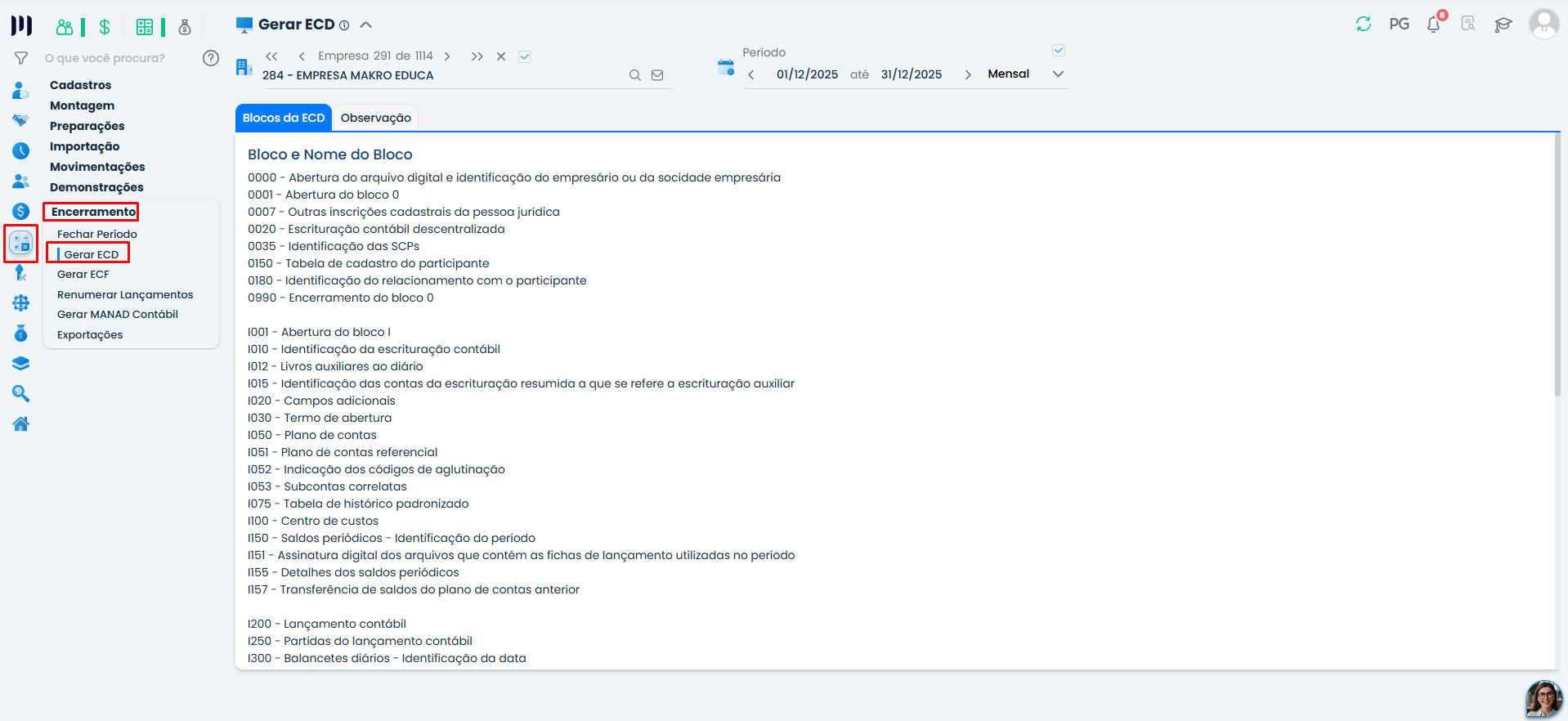 Tela Gerar ECD do Sistema Contábil Makro, com menu Encerramento aberto e destaque para o Ícone Gerar ECD e os blocos da escrituração contábil.