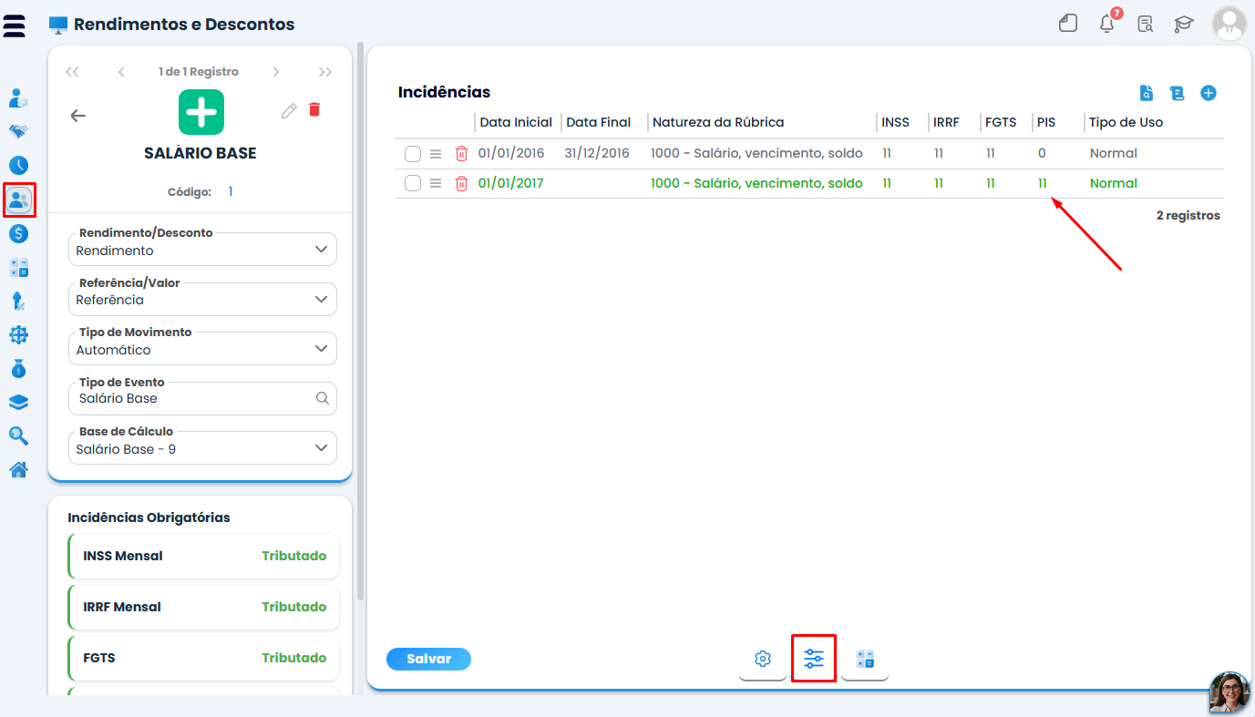 Tela de Rendimentos e Descontos do Sistema Contábil Makro exibe incidências da rubrica para configurar corretamente o PIS sobre folha.
