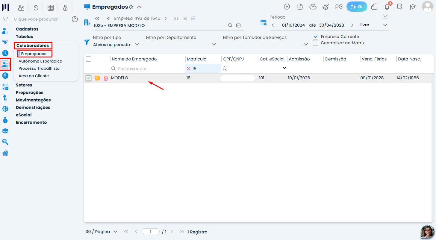 Tela de Empregados do Sistema Contábil Makro com seleção de Colaborador importado do eSocial para localizar e abrir o cadastro.