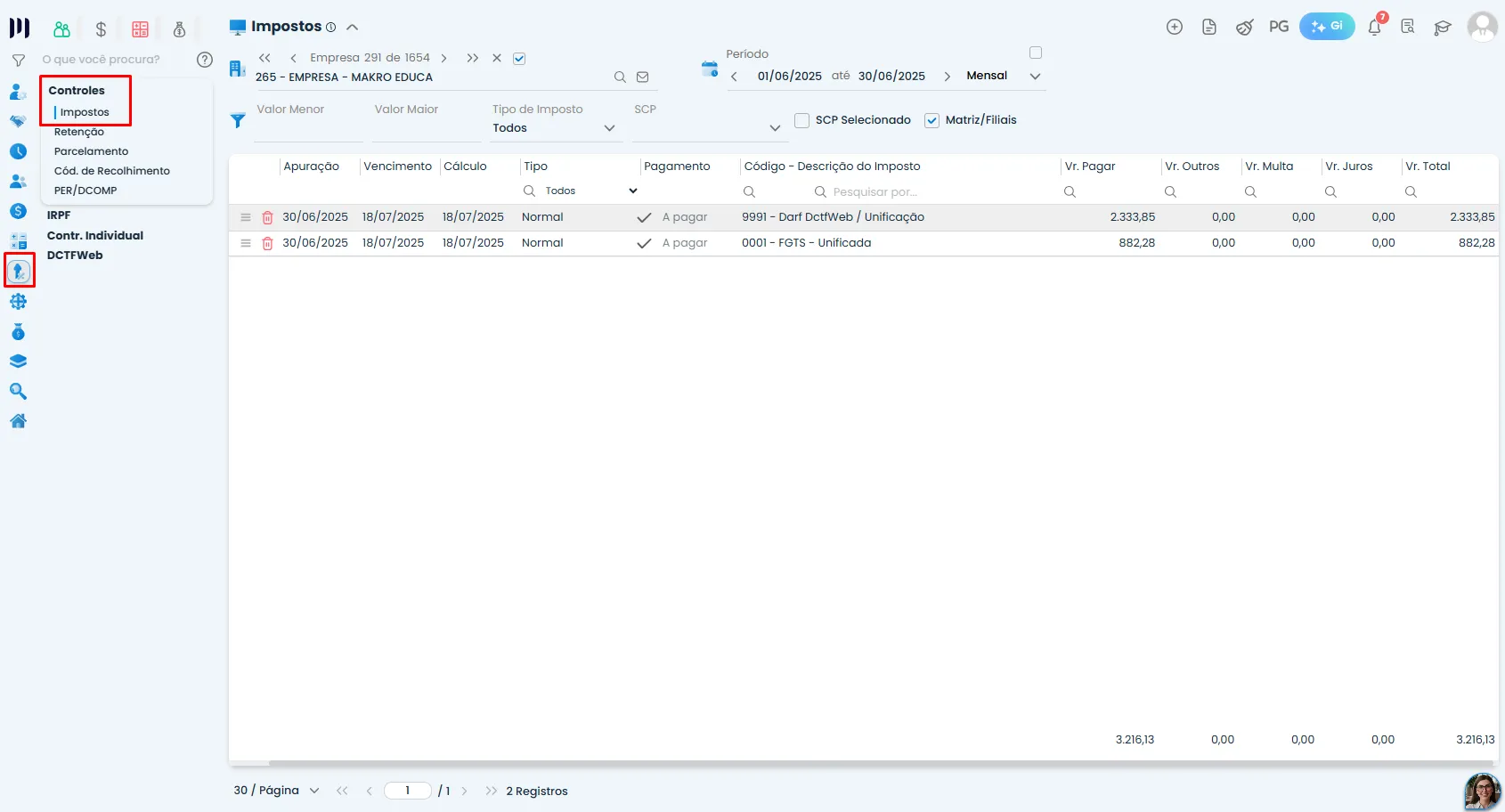 Controle de Impostos do Sistema Contábil Makro com tributos listados para selecionar e consultar a Memória de Cálculo dos valores.
