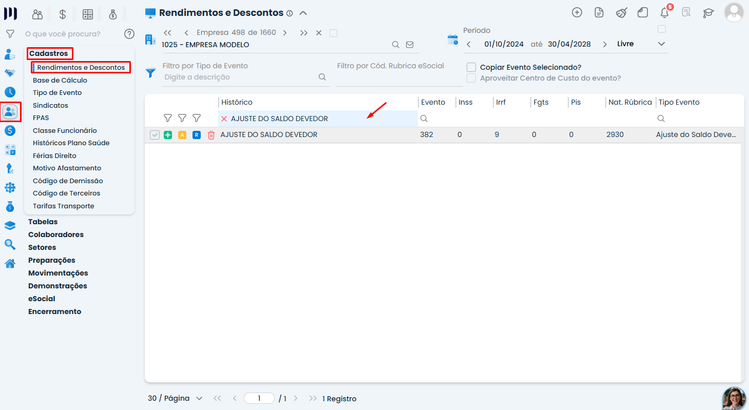 Tela de Rendimentos e Descontos do Sistema Contábil Makro com evento Ajuste do Saldo Devedor destacado na correção de rescisão negativa.