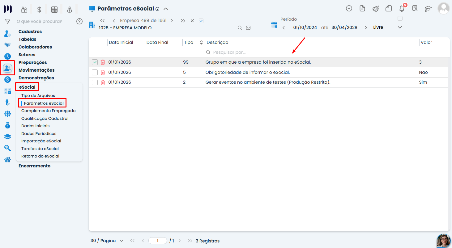 Tela de Parâmetros eSocial do Sistema Contábil Makro com tipo 99 destacado para configurar corretamente o Evento de rescisão contratual no eSocial.