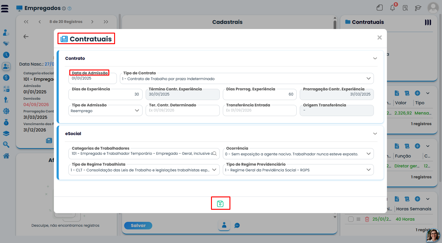 Janela Contratuais do Sistema Contábil Makro destaca Data de Admissão para corrigir quando Trabalhador é incompatível com a classificação tributária.