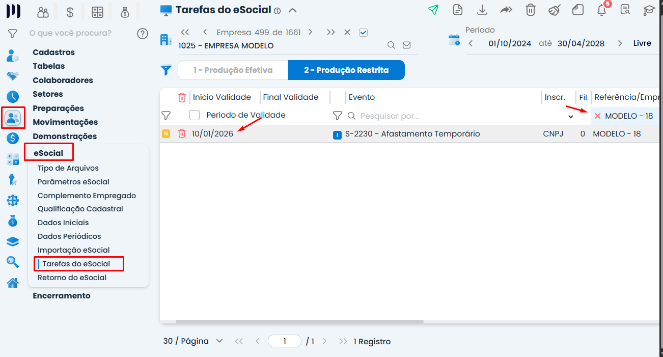 eSocial 183 Ação não permitida no Sistema Contábil Makro, com acesso às Tarefas eSocial e destaque para o evento S-2230 do empregado.