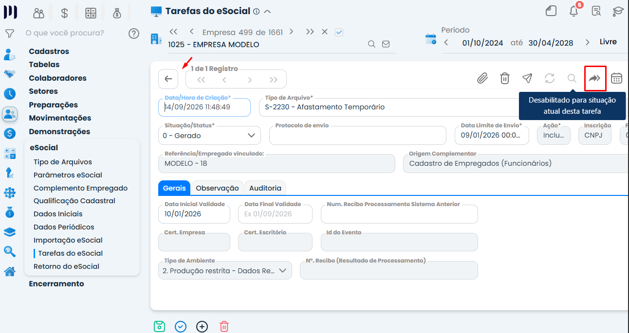 eSocial 183 Ação não permitida no Sistema Contábil Makro, mostrando o registro S-2230 e o botão para duplicar o afastamento temporário.