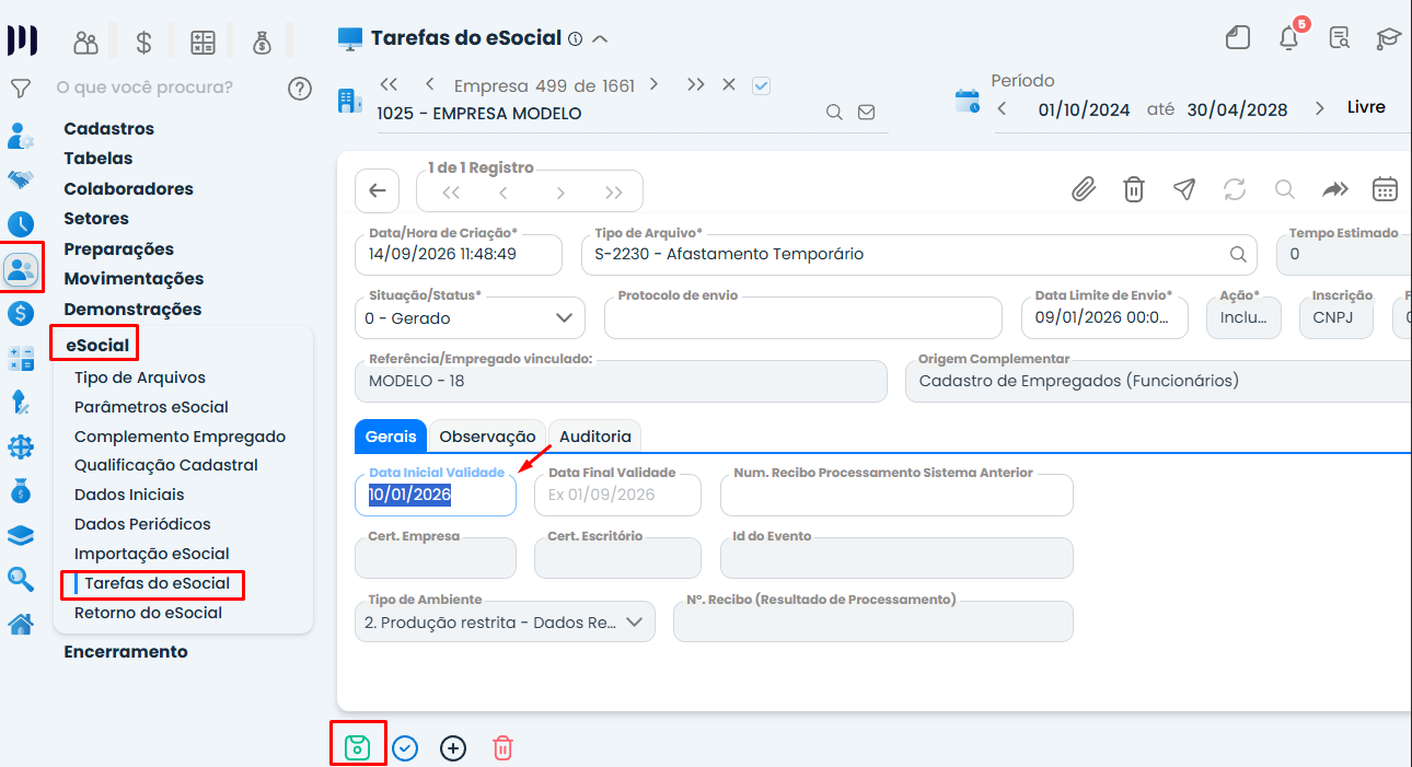 eSocial 183 Ação não permitida no Sistema Contábil Makro, com edição da data inicial do S-2230 e destaque para salvar o novo registro.