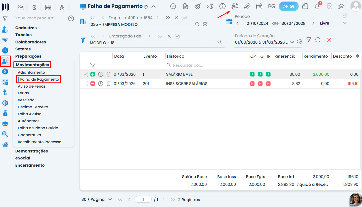 No Sistema Contábil Makro, tela da folha mostra os eventos calculados para verificar por que Valores de IR não foram gerados no período.