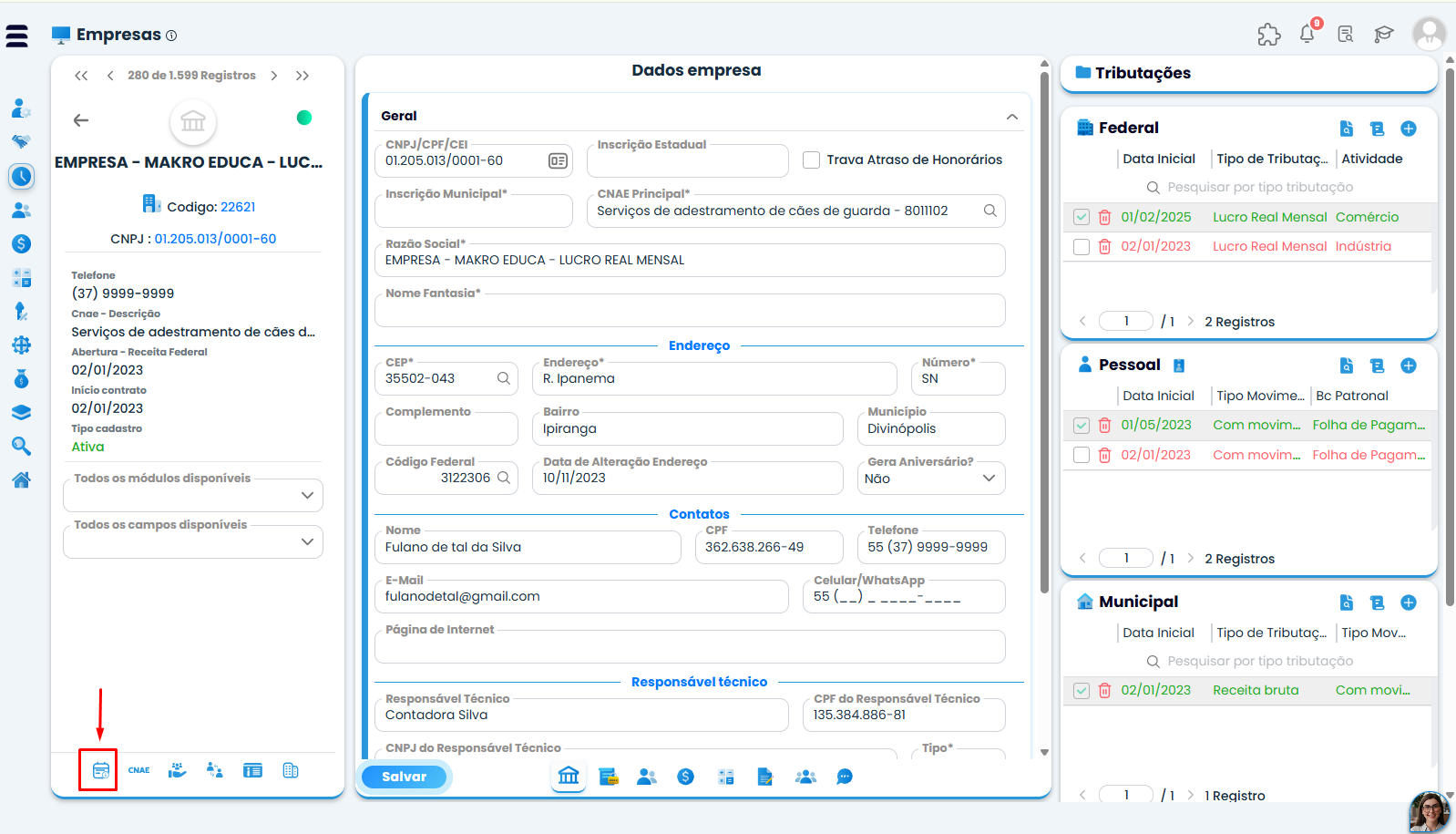 Saldo da conta contábil no Sistema Contábil Makro, com tela Dados empresa e ícone de Datas destacado para acessar as configurações contábeis.