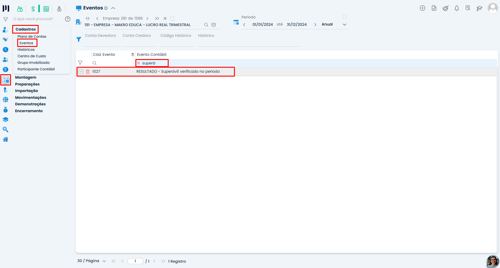 Tela de Eventos do Sistema Contábil Makro com evento de resultado destacado para auxiliar na configuração de SUPERÁVIT e DÉFICIT.