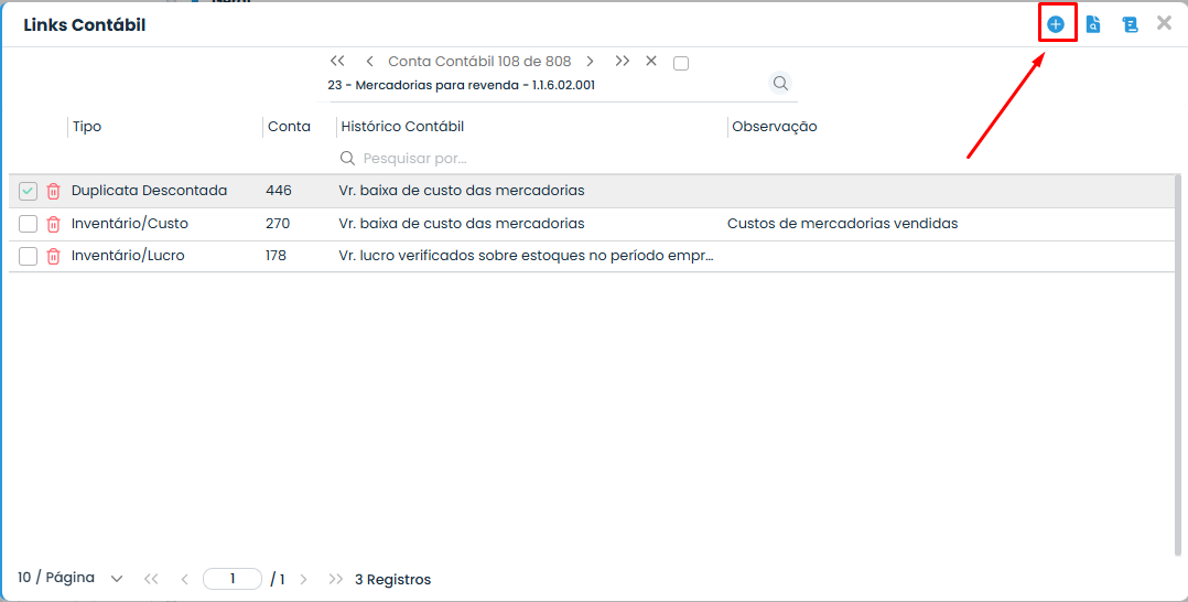 Tela de Links Contábil do Sistema Contábil Makro mostra Inventário/Custo e botão de inclusão para configurar o Custo da Mercadoria Vendida.