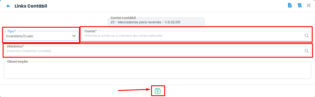 Sistema Contábil Makro exibe cadastro de Link Contábil com tipo Inventário/Custo, conta e histórico para lançar o Custo da Mercadoria Vendida.