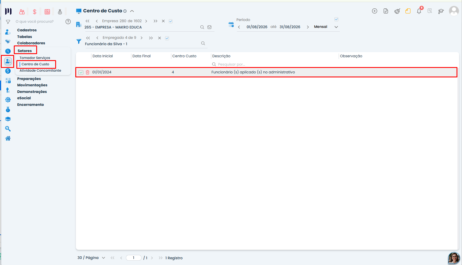 Tela Centro de Custo do Sistema Contábil Makro para Contabilização da Folha de Pagamento, exibindo setor vinculado ao colaborador selecionado.