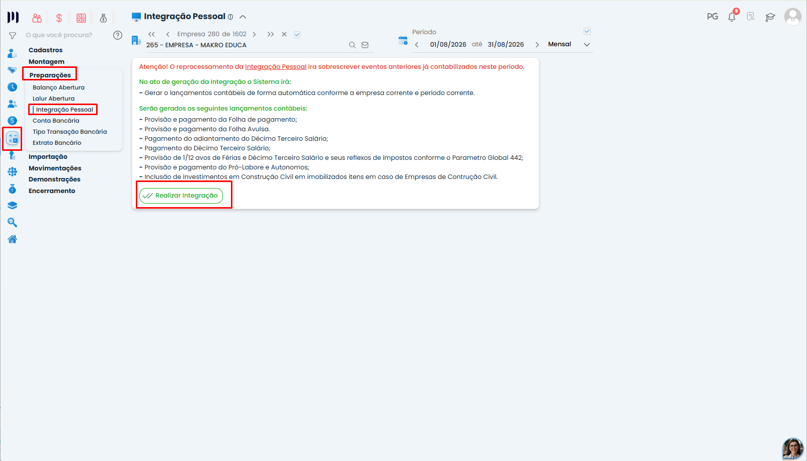 Tela de Integração Pessoal do Sistema Contábil Makro para refazer a Contabilização da Folha de Pagamento após corrigir as configurações.