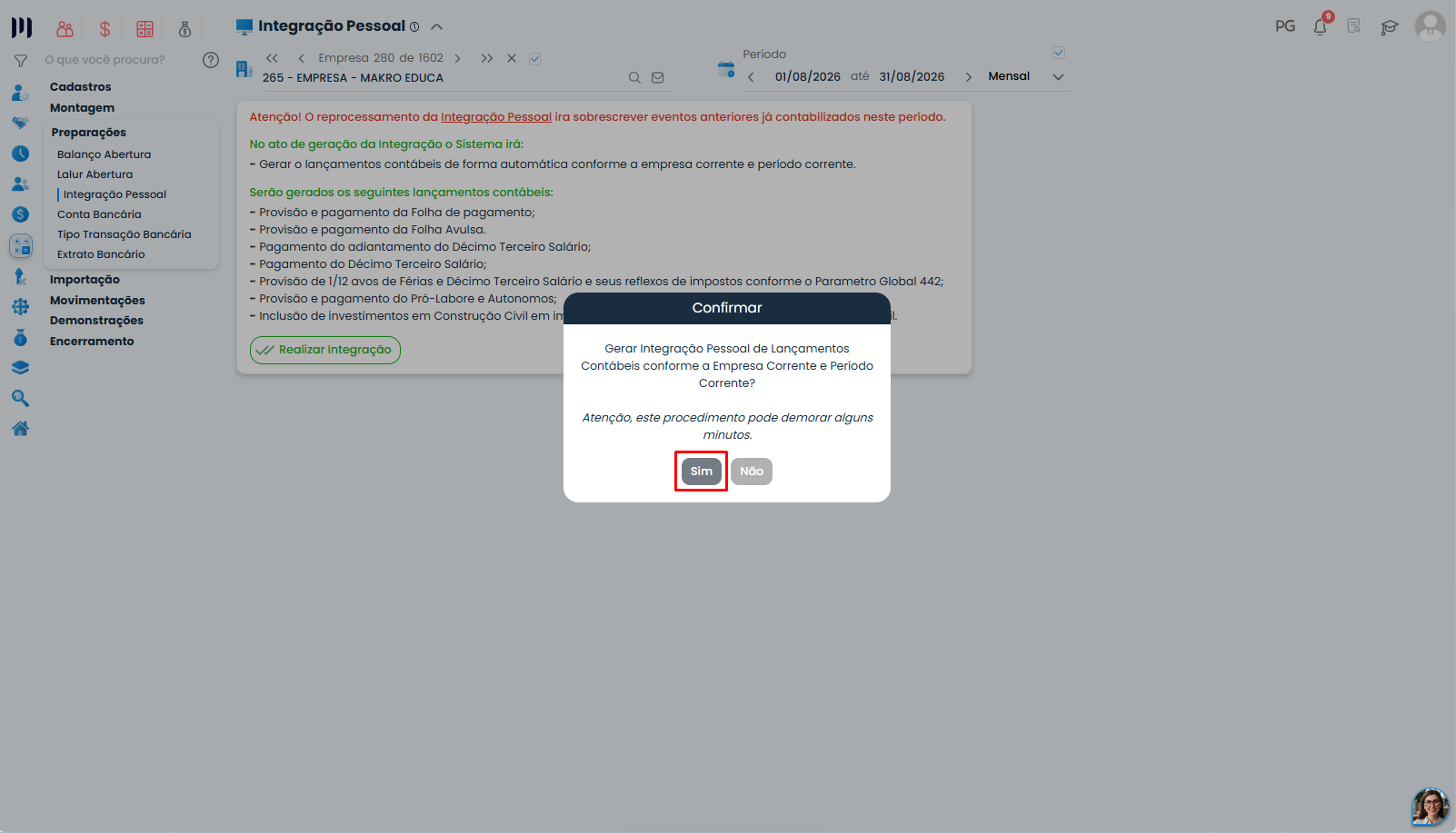 Confirmação da Integração Pessoal no Sistema Contábil Makro para atualizar a Contabilização da Folha de Pagamento, com opção Sim destacada.
