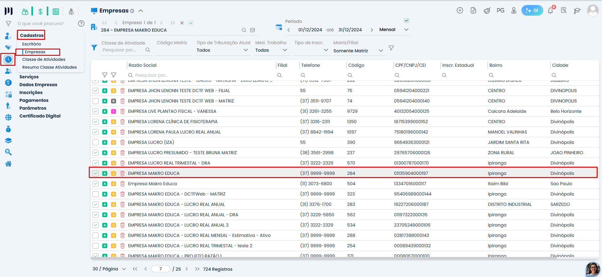 Tela de empresas do Sistema Contábil Makro destaca cadastro selecionado para realizar as configurações relacionadas ao bloco I na ECD.