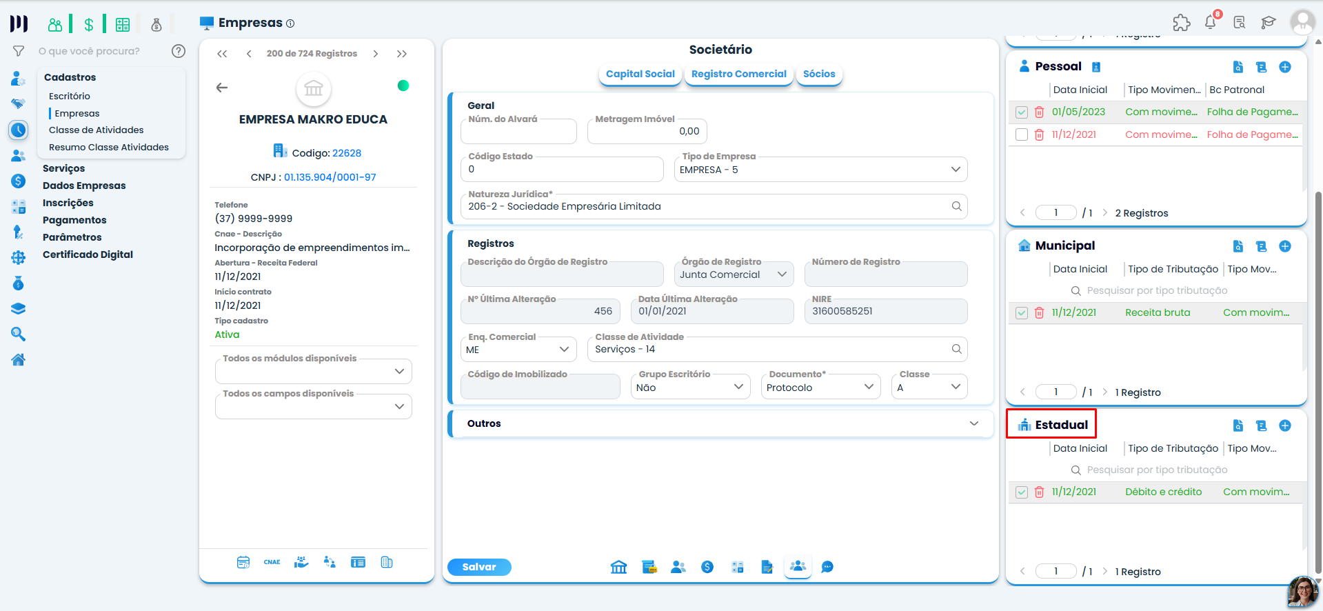 Cadastro de empresa no Sistema Contábil Makro destaca a opção Estadual para acessar configurações necessárias ao bloco I na ECD.