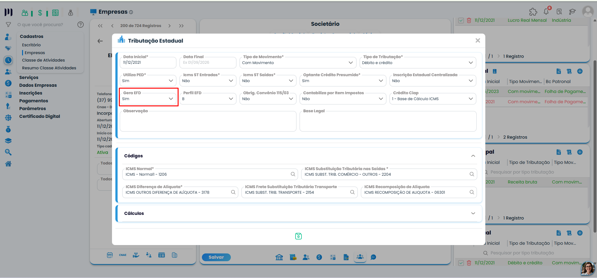 Tela de Tributação Estadual do Sistema Contábil Makro destaca o campo Gera EFD como Sim para configurar corretamente o bloco I na ECD.