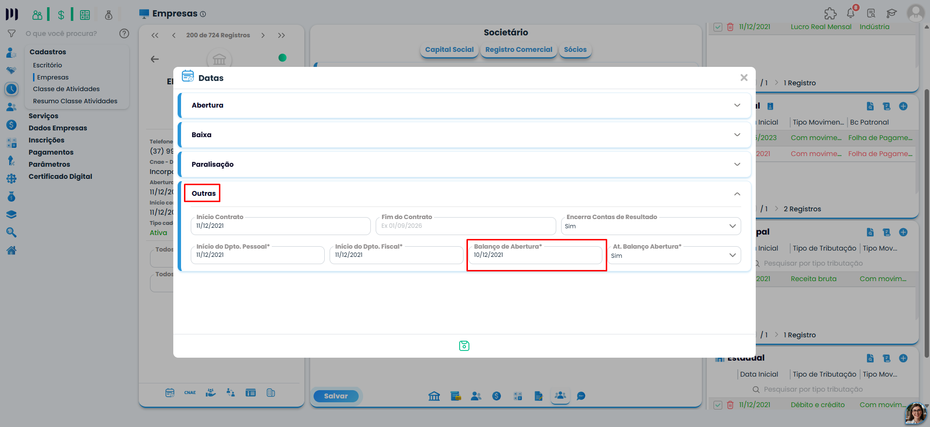 Tela de Datas do Sistema Contábil Makro destaca o campo Balanço de Abertura para conferir informações ligadas ao bloco I na ECD.