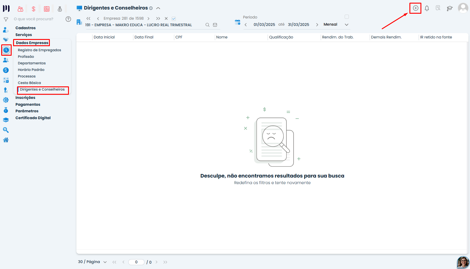 Tela de Cadastro de Dirigentes Conselheiros no Sistema Contábil Makro, com menu Dados Empresas e botão para incluir novo registro destacados.