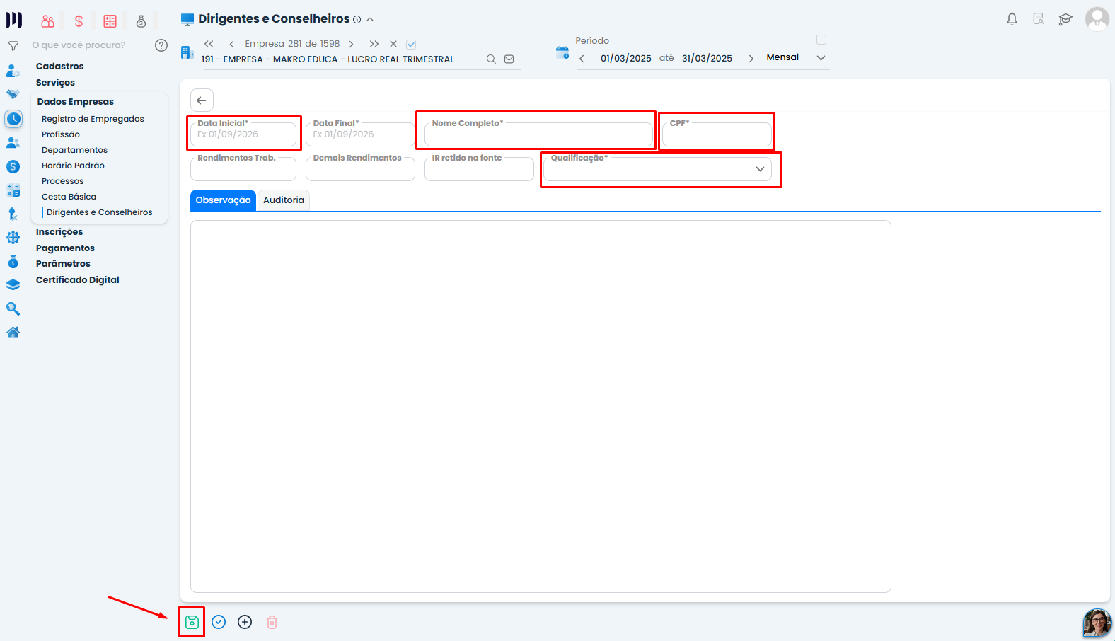 Formulário de Cadastro de Dirigentes Conselheiros no Sistema Contábil Makro, com campos de data, nome, CPF e qualificação destacados.